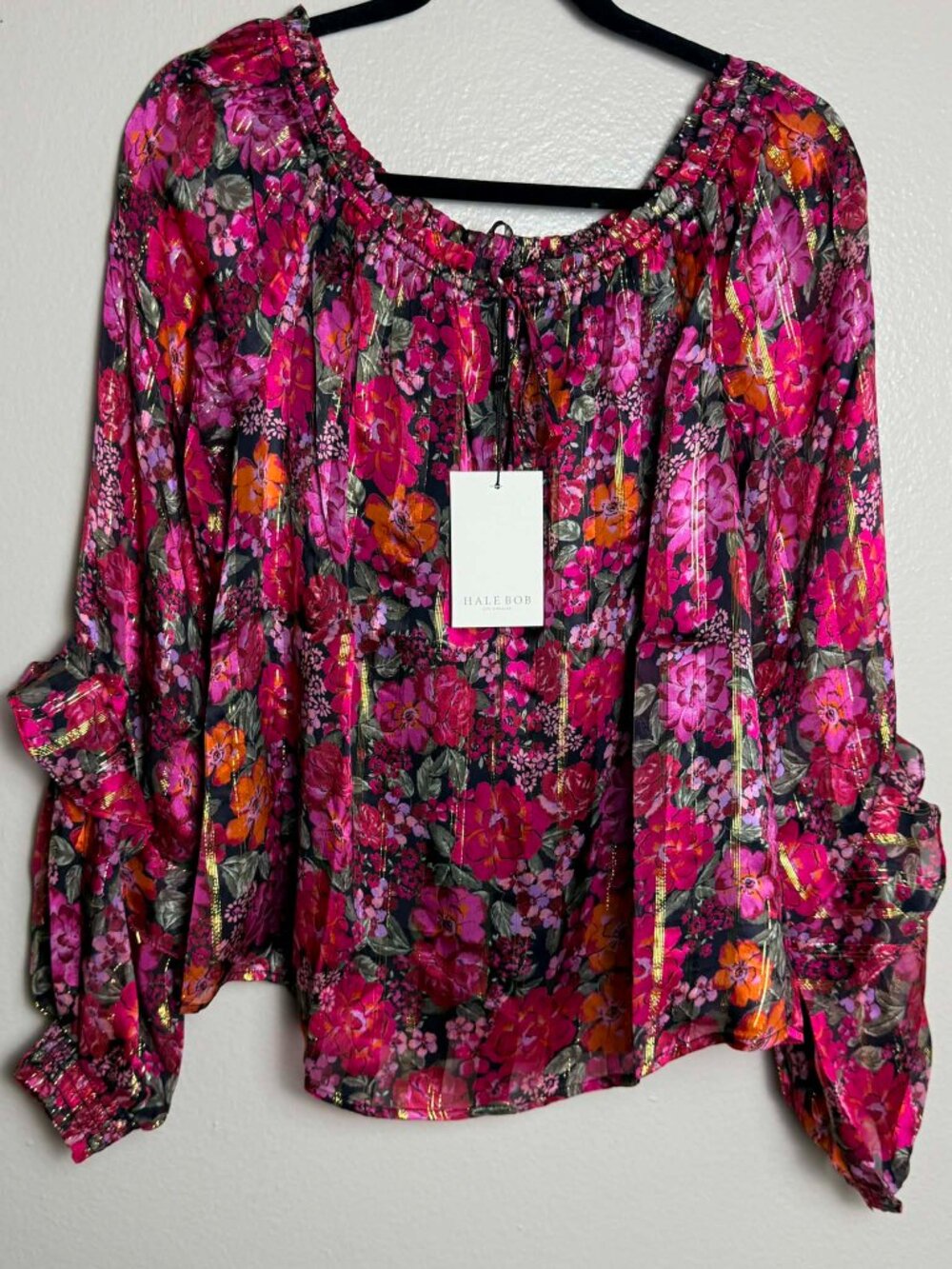 Hale Bob Floral Metallic Lurex Off-Shoulder Blouse